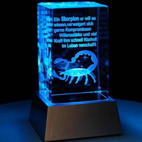 Kaltner Präsente Stimmungslicht - Das perfekte Geschenk: LED Kerze/Kristall Glasblock / 3D-Laser-Gravur Horoskop Sternzeichen Skorpion Astrologie