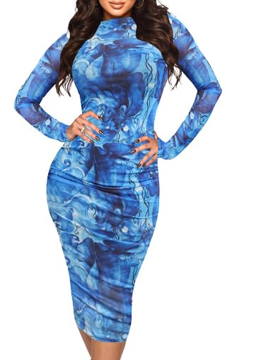 Image of MOEENCN Sexy Long Sleeve Midi Dress for Women Sheer Mesh Printed 4 Piece Skirt Set Crew Neck See Through Bodycon Party Clubwear