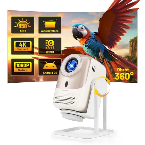 Videoprojecteur 1080P 4K Supportée - Projecteur Portable avec Android OS, WiFi 6 BT 5.2, 450ASIN, Auto Focus/Keystone, 360°Rotating, Projecteur Video...