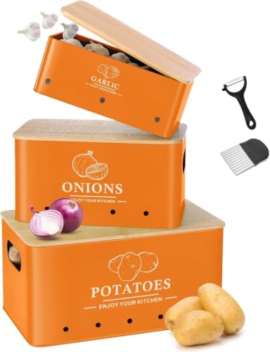 Image of 3 Pieces Potato Onion & Garlic Storage Bin Sturdy for Kitchen Counter | Kitchen Storage & Organization | Food Storage Containers.
