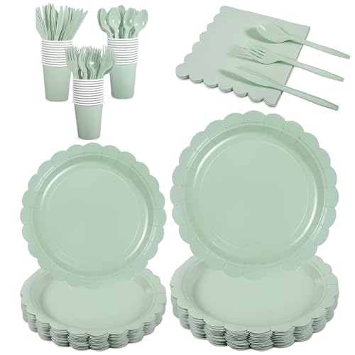 ZYKORT 175 Pezzi Stoviglie per Feste Verde Set con Piatti Di Carta, Bicchieri, Tovaglioli, Coltello, Forchetta e Cucchiaio per Compleanni, Matrimoni, Baby Shower, Anniversari - 20 Ospiti