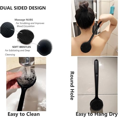Image of Bathing Brush Practical Back Cleansing Scrubber Back Rubbing Silicone Body Double Sided Long Handle Anti-Slip Shower Bath Brush (Black)