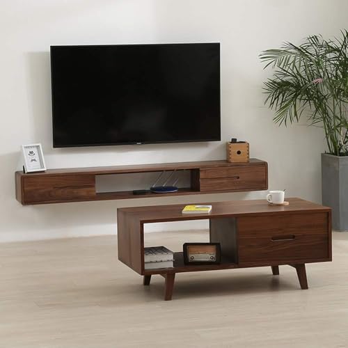 Image of Streem Solid Sheesham Wood Entertainment Floating TV Unit for Living Room | Media TV Cabinet | Open Shelf & 2 Door Drawer Storage | Wall Mount | 120 CM
