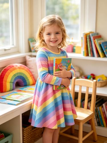 Image of Tkria Toddler Girls Rainbow Dress Striped Fall Dress Cartoon Colourful Long Sleeve Casual Dressy 2-7T