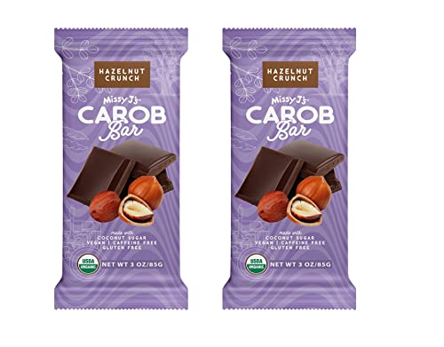 Missy J's Organic Carob Bars Hazelnut 2 Pack | Carob Made w/Coconut Sugar, Vegan and Gluten-Free | Healthy Caffeine Free Substitute for Chocolate, Perfect for Snacks and Treats