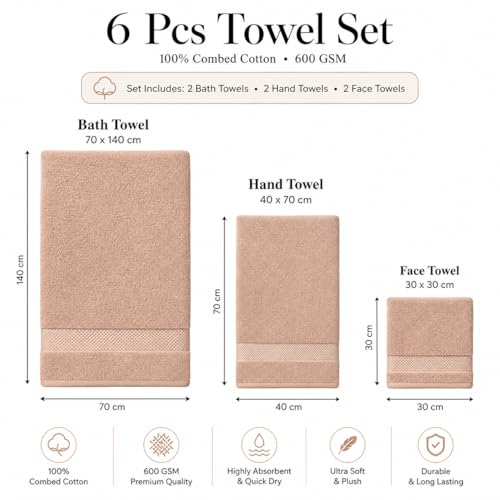 Image of Sulfar 100% Combed Cotton, 6 Pcs Towel Set - 2 Bath Towels (70 x 140 cm), 2 Hand Towels (40 x 70 cm) and 2 Face (30 x 30 cm) (600 GSM, Pack of 6) Nature Lux