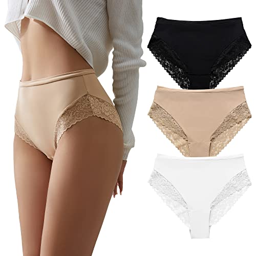 SHARICCA Damen Unterwäsche Hipster Spitze Unterhosen Damen Hohe Taille Atmungsaktiv Sexy Slip 3 Pack (Mehrfarbig-01, L) Cover