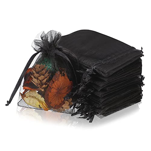 Xinzistar 100 Pcs Sacs Organza, 7x9 cm Sachets Pochettes Cadeau en Organza Noir Organza Sachets avec Rubans Pochette à Bijoux Sachets de Lavande pour Mariage...