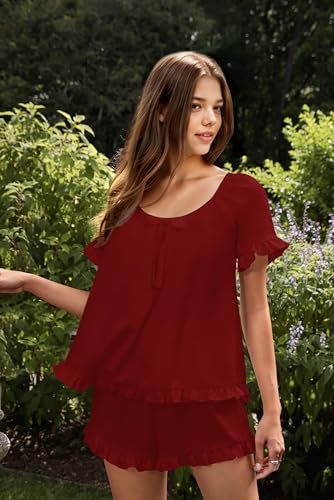 Image of KFUBUO Womens Pajamas Set 2 Piece Ruffle Pj Soft Short Sleeve Tops and Shorts Sleepwear Set Cute Pajama Sets for Women