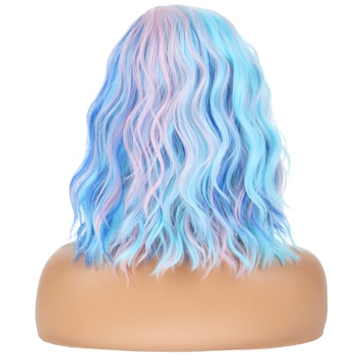 Image of BERON Pink and Blue Wigs for Womens Short Curly Wavy Wig Girls Colorful Side Part Wigs Shoulder Length Heat Resistant Synthetic Cosplay Party or Daily Use Wigs