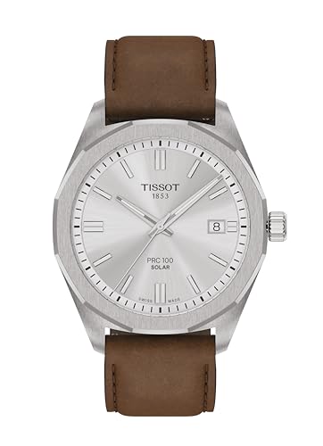 Tissot PRC 100 Solar, Silver Dial, 39mm Watch for Men, Brown Leather...
