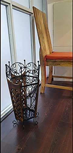 Image of Decorative Wooden & Iron Umbrella Stand for Home Decor | Handcrafted Wood & Wrought Iron Umbrella Holder | Pre-Assembled Floor Stand for Entryway, Office, Shop & Guest House | Brown & Black