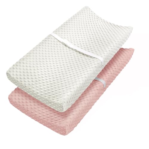 Image of Babebay Changing Pad Cover, Ultra Soft Minky Dots Plush Changing Table Covers for Baby Boys and Girls, Breathable, 2 Pack (Peach Pink & Lily White)