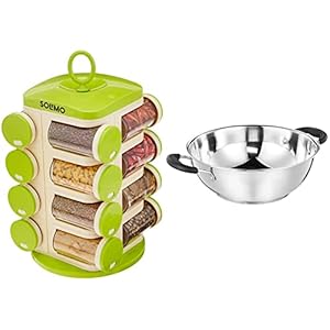 Amazon Brand - Solimo Revolving Spice Rack Set (16 Pieces) & Stainless Steel Induction Bottom Kadhai (25cm, 3000ml) Combo
