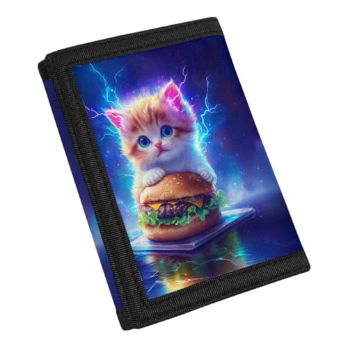 GLUDEAR Kid Wolf Trifold Wallets Outdoor Print Wallet Money Organizer Teens Girl Boy Birthday,Hamburger Cute Cat Lightning2