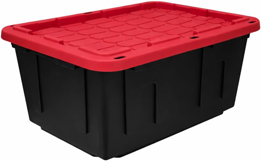 27 Gallon Large Storage Bin with Snap Lid, Heavy Duty Plastic Storage Container, Black and Red, 4 Pack