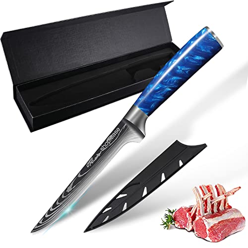 Professional 6-Inch Boning Knife, Blue Resin Handle, Damascus Pattern Blade, Sharp Hand-Edged Steel with Perfect Balance Pinch Point, for Meat Deboning, 15.3cm Blade Length