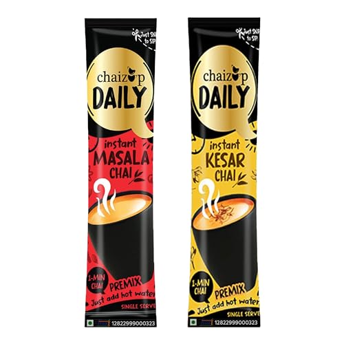 Image of Chaizup Daily 1 Min Instant Assorted Tea Pack - 40 Sachets | Masala & Kesar Flavours | 40 Servings | 2 Packs (20 Sachets Each) | 560gm