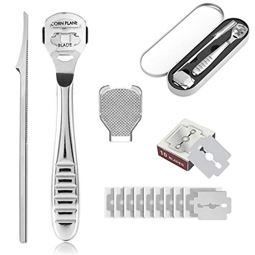 Codream Raspador de Pie de Acero Inoxidable, Kit de Pedicura para Eliminar Callos de Piel Muerta, Herramienta de Cuidado de Pies con 10 Cuchillas de Repuesto y Caja