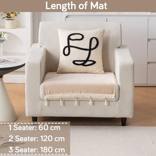 Image of HOKIPO 'Serenity Tassel' Chenille 1 Seater Sofa Cover with Tassel - Ivory Fringe (IN-890-BGE)
