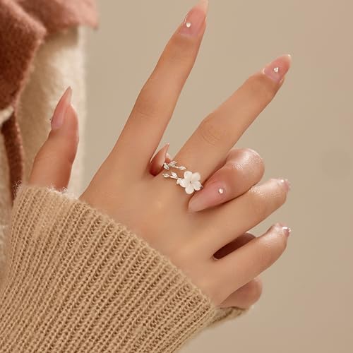 925 Sterling Silver Dainty Flower Ring for Women 14k Gold Plated Sparkling White Cubic Zirconia Leaf Ring for Mother Daughter Elegant Wedding Statement Jewelry Open Wrap Finger Band Christmas Gift2