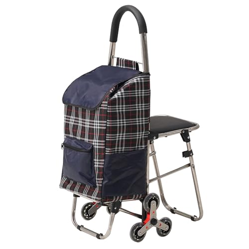 Carrito de compras plegable resistente con asiento, carrito de escalada de 4 ruedas para un fácil transporte, ideal para comestibles, uso al aire libre y personas mayores, ligero y duradero