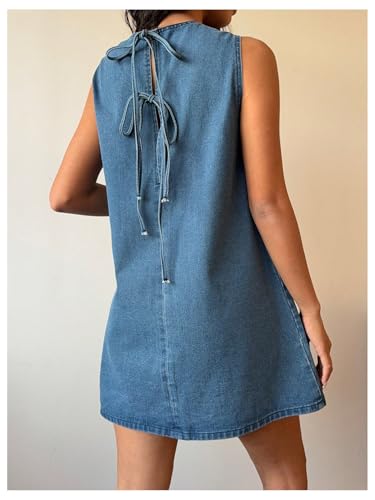 Milumia Women's Bow Tie Back Denim Sundress Crew Neck Sleeveless Flared Short Dresses3
