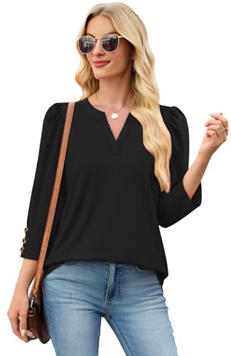 WIHOLL 3/4 Length Sleeve Womens Tops with Button Cuffs Dressy Casual V Neck Summer Outfits Early Fall Fashion Clothes 20253