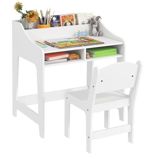 AIYAPLAY Ensemble Bureau et Chaise pour Enfant 3 à 8 Ans, Bureau Enfant garçon Fille avec Chaise, Compartiments et étagères Ouverts, pour Chambre à Coucher, Salle...