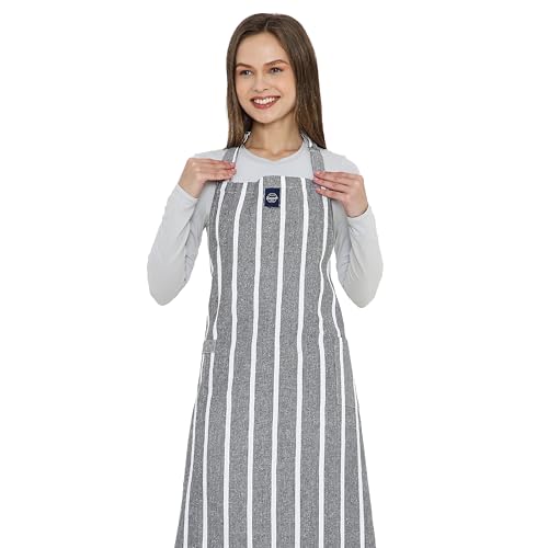 Image of Encasa XO Cotton Cooking kitchen Apron for Women and Men chef apron With adjustable neckstrap, Pocket & Towel Holder for Easy cooking, Baking, BBQ, Gardening- Roma Grey Stripes, 68x85 cm
