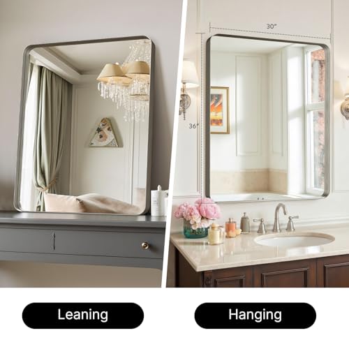 Image of 36 inchx30 inch Bathroom Vanity Mirror for Wall Aluminum Framed Farmhouse Rectangle | Anti-Rust, HD Reflection Anti-Desilvering, Distortion Free, Tempered and Shatter-Proof Wall Mounted Mirror, Brushed Nickel