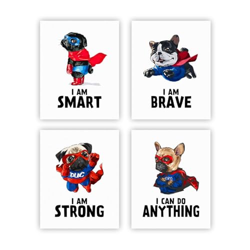 Image of heilkee Funny Dog Wall Art Prints Inspirational Quote Posters for Kids Super Hero Room Decor for Boys Room Nursery Bedroom Pictures Set of 4(UNFRAMED 8x10in)