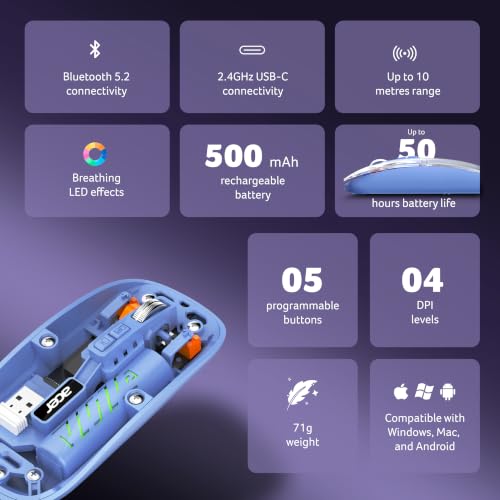 Image of Acer Clearview Wireless Mouse, Dual Mode Bluetooth 5.2 & 2.4GHz, Rechargeable 500mAh Battery, RGB Lighting, 3200 DPI Adjustable, Silent Portable Mouse for Laptop, PC, Mac & Tablet, Blue