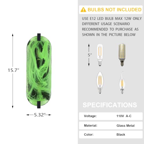 Image of 2 Pack 15.7 inch Green Oval Glass Bathroom Modern Black Wall Sconce