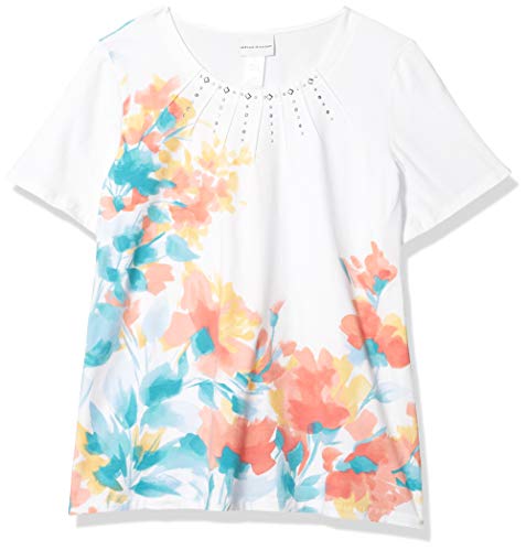 Alfred Dunner Women's Plus Size Jeweled Neckline Floral Print Knit TOP, Multi, 1X