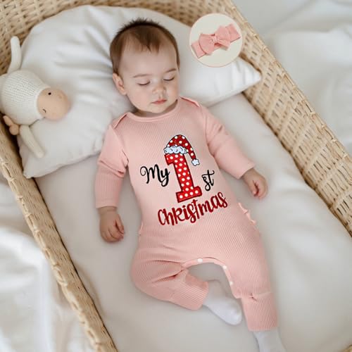 Dcohmch My First Christmas Baby Girl Outfit Fashionable Jumpsuit Embroidery Long Sleeve Romper + Headband Newborn Clothes4
