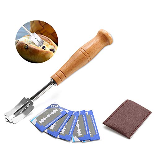 Lame Boulanger,Lame a Pain,Lame pour Pain,Couteau a Pain,Lame Bread,Boulangers Lame Couper PoignéE en Bois,avec 5 Acier Inoxydable Lames,Housse De Protection en Cuir,pour Pain Baguette Pâte Bretzel