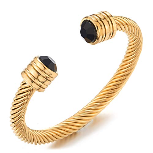 COOLSTEELANDBEYOND Men Women Steel Gold Color Twisted Cable Cuff Bangle Bracelet with Black Resin Beads, Adjustable