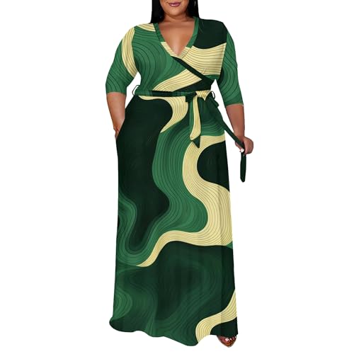 FANDEE Plus Maxi Casual Dress 3/4 Sleeve V-tie Pocket and Belt