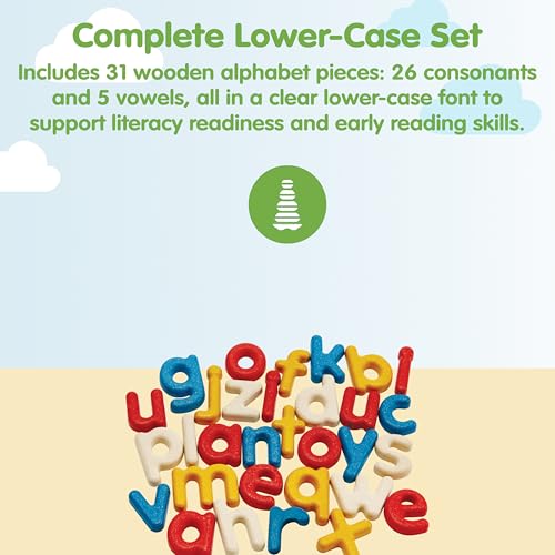 Image of PlanToys Lower Case Alphabet Wooden Learning Set for Kids Ages 3+ | Montessori Educational Resource for Literacy, Letter Recognition & Spelling | Eco-Friendly Early Language Development Tool