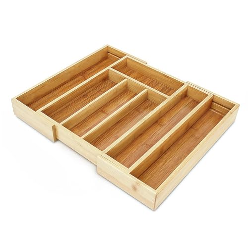 Bamboo Drawer Organizer – Expandable Kitchen Utensil Holder, Adjustable Silverware Drawer Organization, Kitchen Wooden Tray for Cutlery, Flatware & Stationery, 5-7 Slots (Natural)