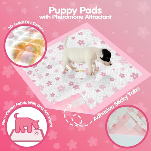 Image of Cibaabo Pink Puppy Pads with Adhesive Tabs 22x22in 50 Count Absorbent | Cute Cherry Blossom Design | Dog Potty Training Pee Pads | Leak-Proof | Quiky-Dry | for Puppies, Small Dogs, Cats, Rabbits