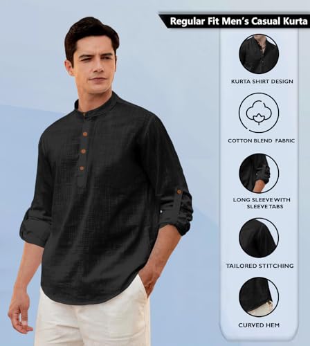 Image of Zombom Men's Solid Cotton Polyester Blend Straight Kurta Shirt, Regular Fit Full Sleeve Short Kurta Shirt