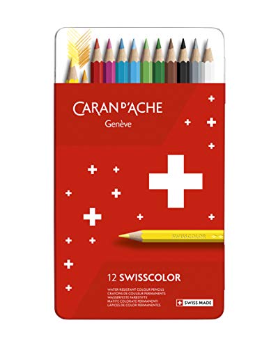 Caran d'Ache Swisscolor Étui en métal avec 12 crayons de couleur résistants à l'eau