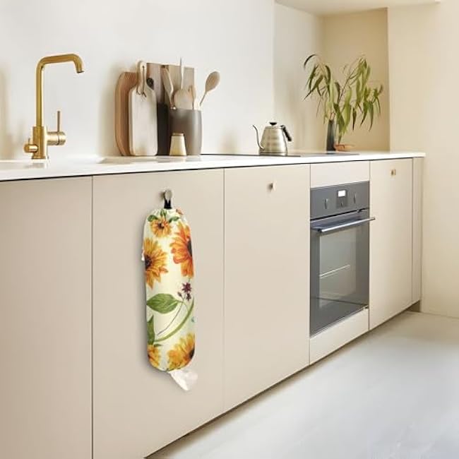 YETTASBIN Sunflower Plastic Bag Holder, Reusable Grocery Bag Holder Versatile Wall Mount Storage Bag Dispenser with Drawstring for Home Kitchen Decor 1 Pack