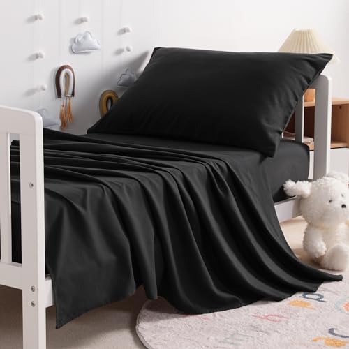 Image of NTBAY Toddler Sheet Set - 3-Piece Microfiber Crib Sheet Set - Crib Flat Sheet Crib Fitted Sheet and Pillowcase - Solid Toddler Bedding Sets, Black