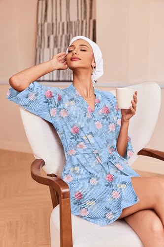 Image of Ekouaer Robes for Women Waffle Knit Bathrobe Soft Lightweight Knee Length Loungewear S-XXL