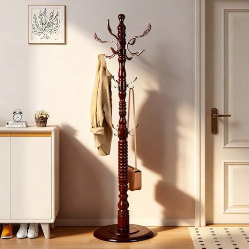 73”Vintage Wooden Coat Rack Freestanding With 14 Hooks and Sturdy...