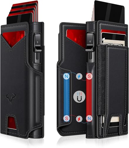 Image of VOGARD Smart Pop-Up Leather Wallet for Men & Women | RFID Blocking Card Holder with Money Clip | Slim Magnetic Bifold Wallet with Quick Access Button - Holds 14 Cards & Cash (Black)