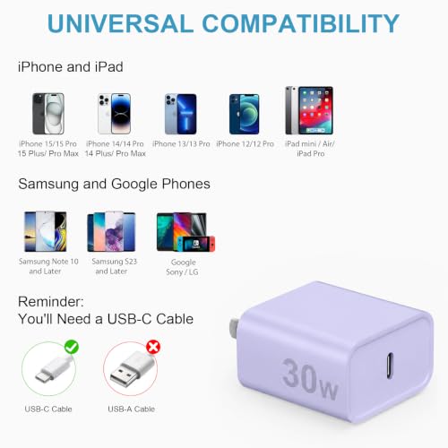 Image of iPhone 17 16 15 Charger Fast Charging 30W USB C Chargers Block Type C Charger 2 Pack 6FT Cord for iPhone 17 /17 Plus /17 Pro Max /Air /16 /16 Plus /16 Pro Max /15 Pro Max /iPad Pro /Samsung(Purple)